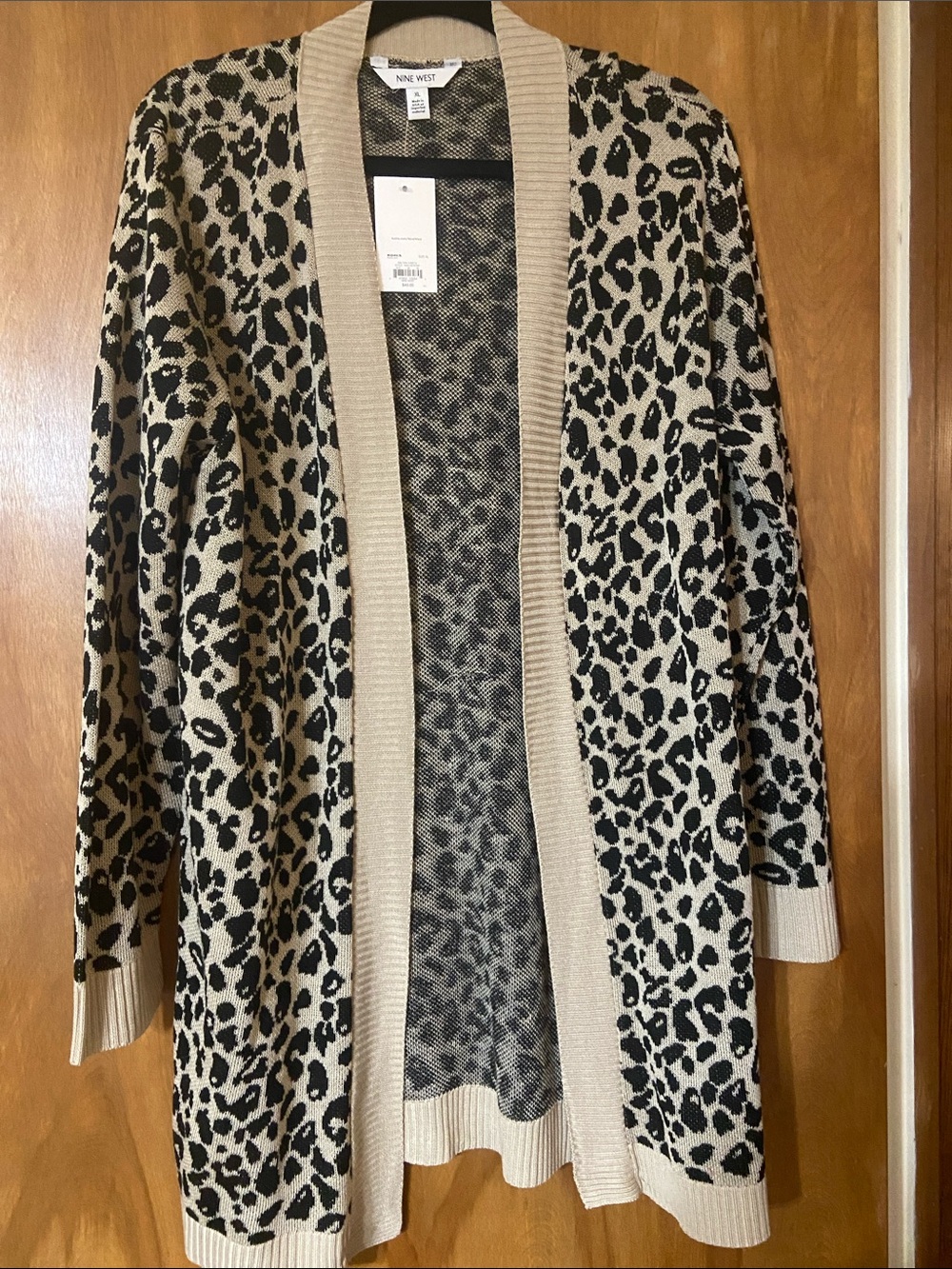 Nine West Black and Beige Leopard Open-Front Cardigan